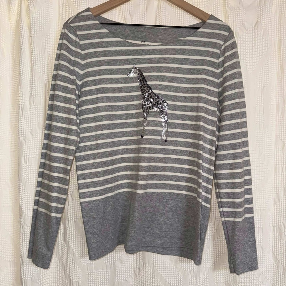 Talbots Top Gray White Striped Sequin Giraffe Soft Supima Cotton Boat Neck Large